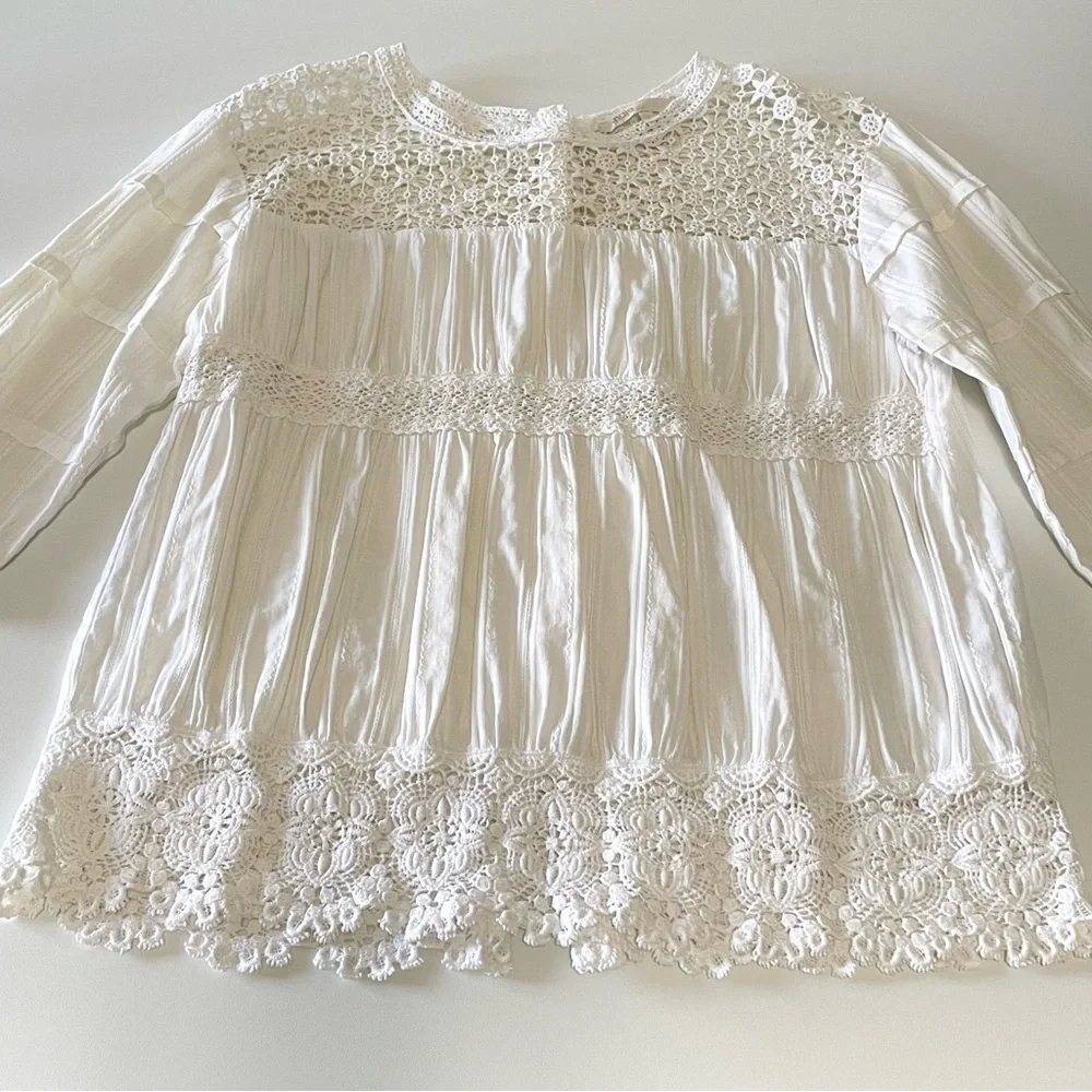 Maje Crochet Lace Yoke Button Back Cotton Top Ivory Small